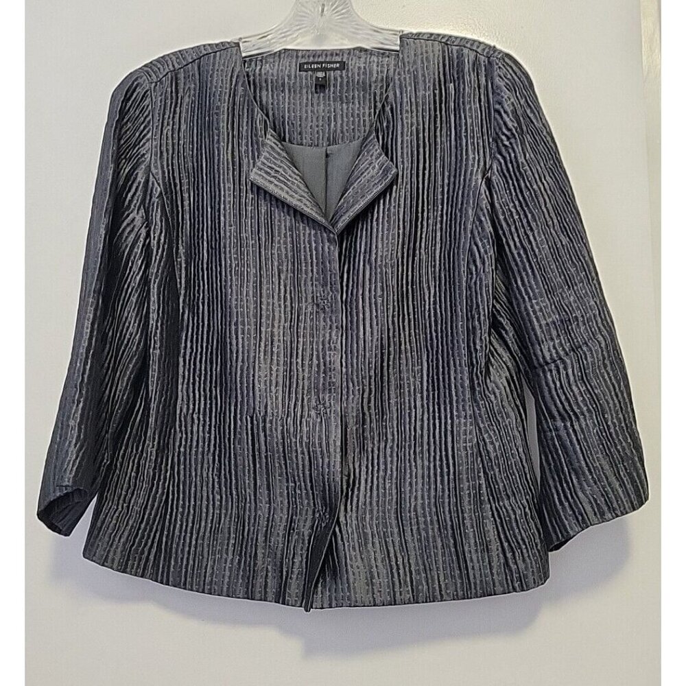 Eileen Fisher Silk Textured Groove Jacket Gray 3/4 Sleeve Snap Button Small